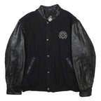 FIRST IMPRESSIONS Mens Black Wool Jacket XL Leather Sleeves Zip Closure Logo