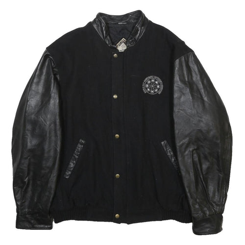 FIRST IMPRESSIONS Mens Black Wool Jacket XL Leather Sleeves Zip Closure Logo