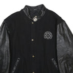 FIRST IMPRESSIONS Mens Black Wool Jacket XL Leather Sleeves Zip Closure Logo
