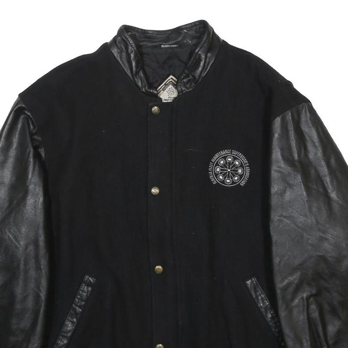 FIRST IMPRESSIONS Mens Black Wool Jacket XL Leather Sleeves Zip Closure Logo