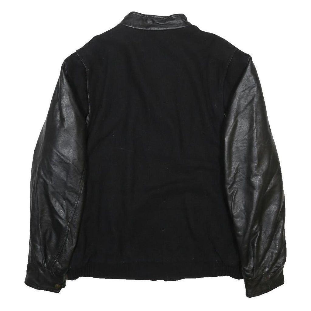 FIRST IMPRESSIONS Mens Black Wool Jacket XL Leather Sleeves Zip Closure Logo