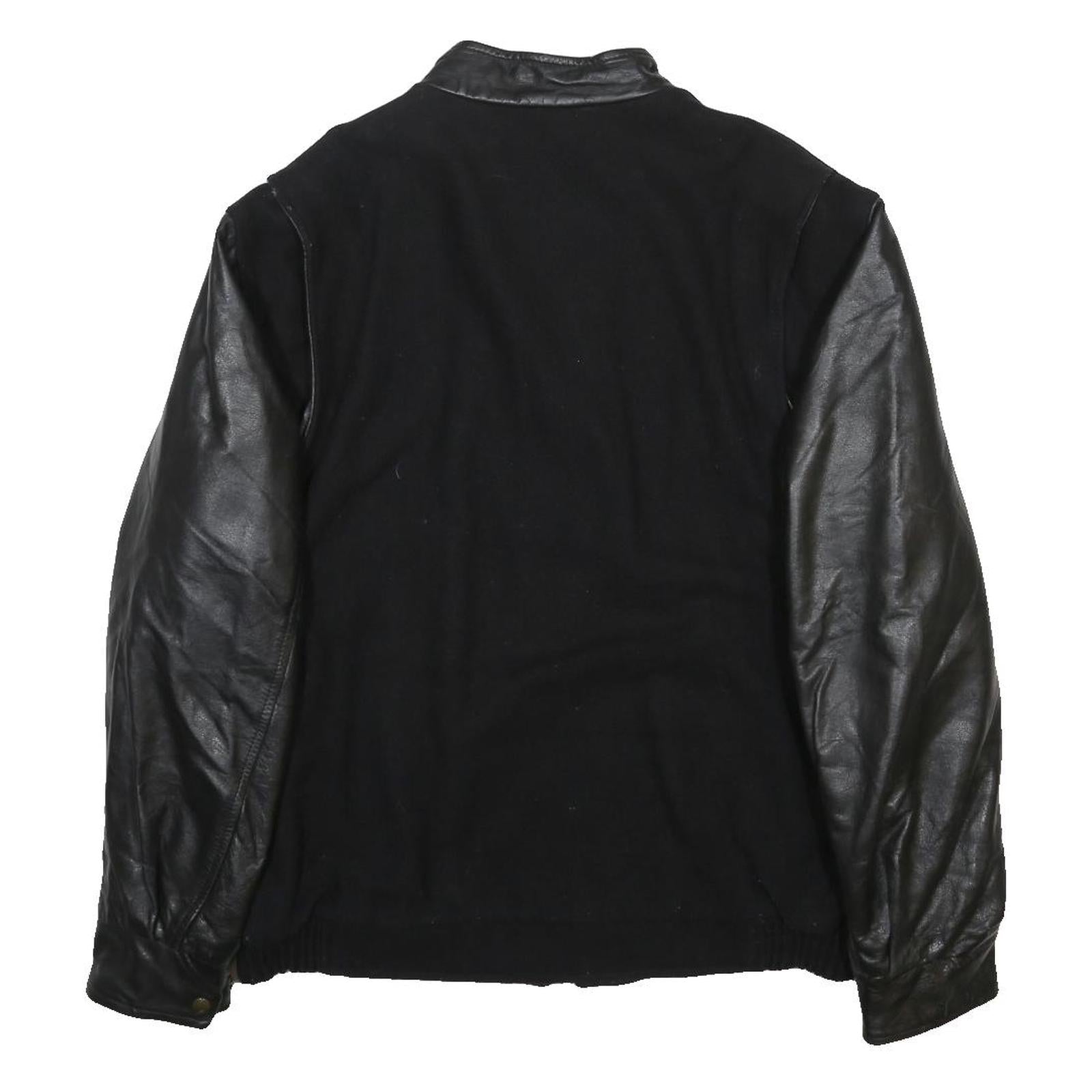 FIRST IMPRESSIONS Mens Black Wool Jacket XL Leather Sleeves Zip Closure Logo