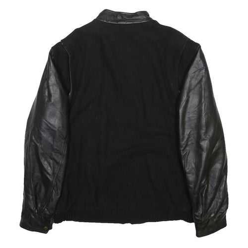 FIRST IMPRESSIONS Mens Black Wool Jacket XL Leather Sleeves Zip Closure Logo