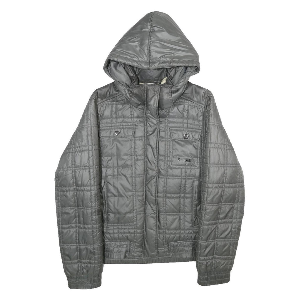 REEBOK Womens Grey Hooded Zip Jacket L Polyester Quilted Casual Outerwear
