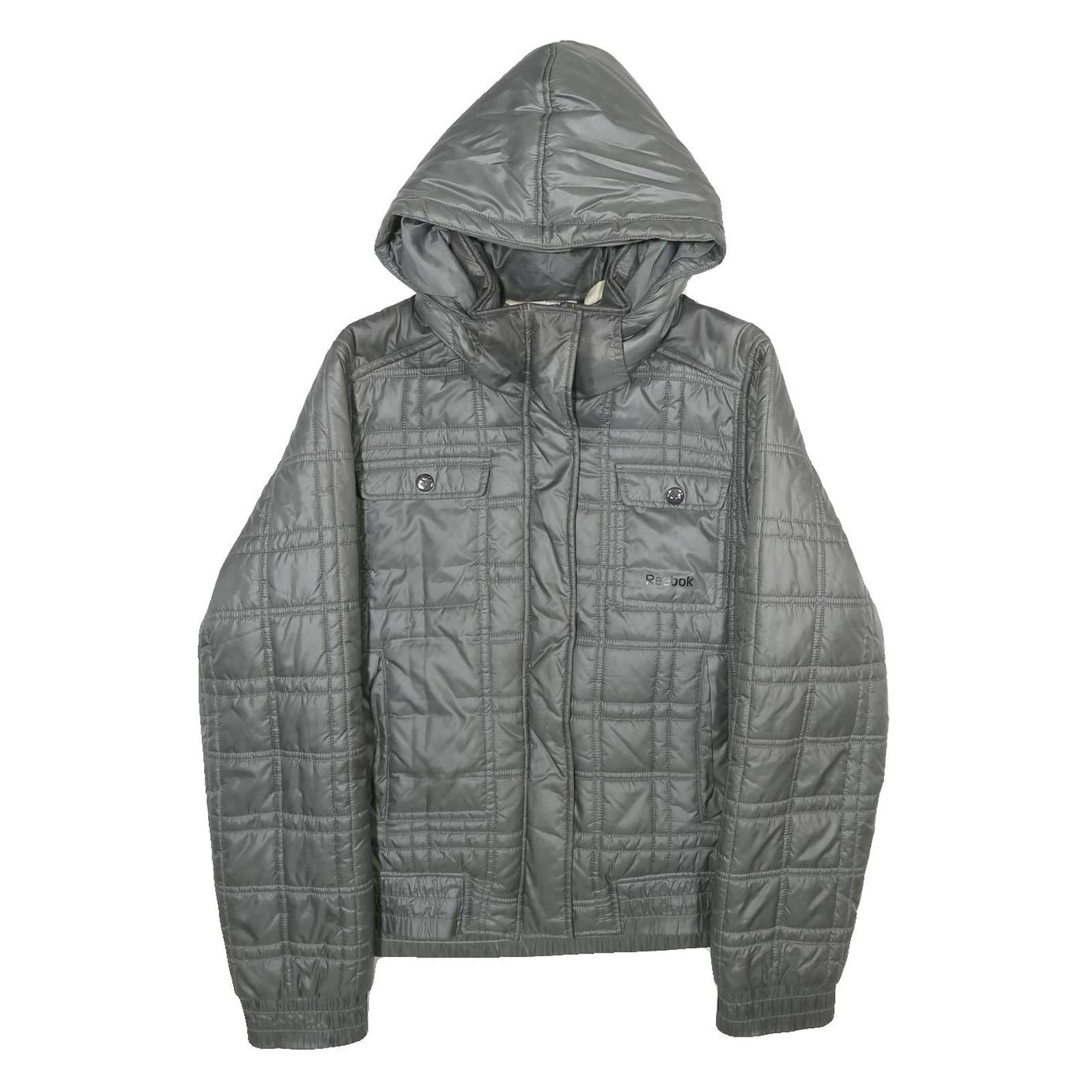 REEBOK Womens Grey Hooded Zip Jacket L Polyester Quilted Casual Outerwear