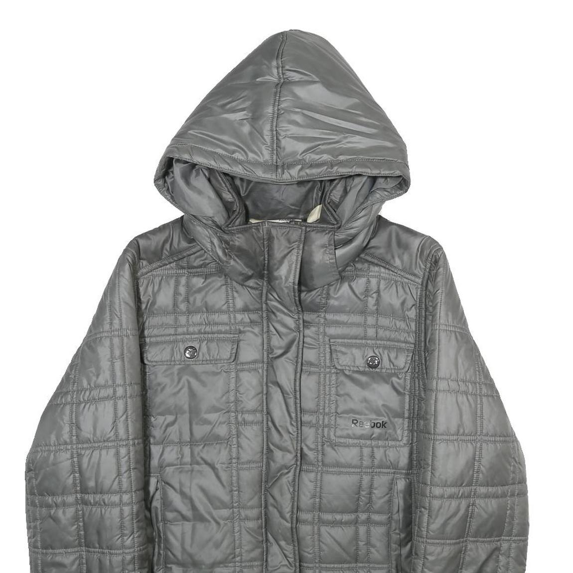 REEBOK Womens Grey Hooded Zip Jacket L Polyester Quilted Casual Outerwear