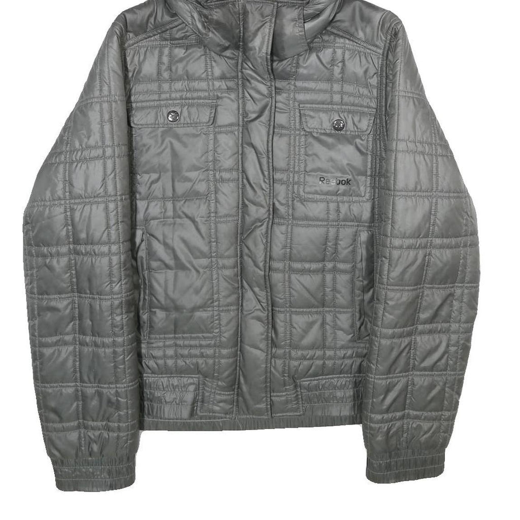 REEBOK Womens Grey Hooded Zip Jacket L Polyester Quilted Casual Outerwear