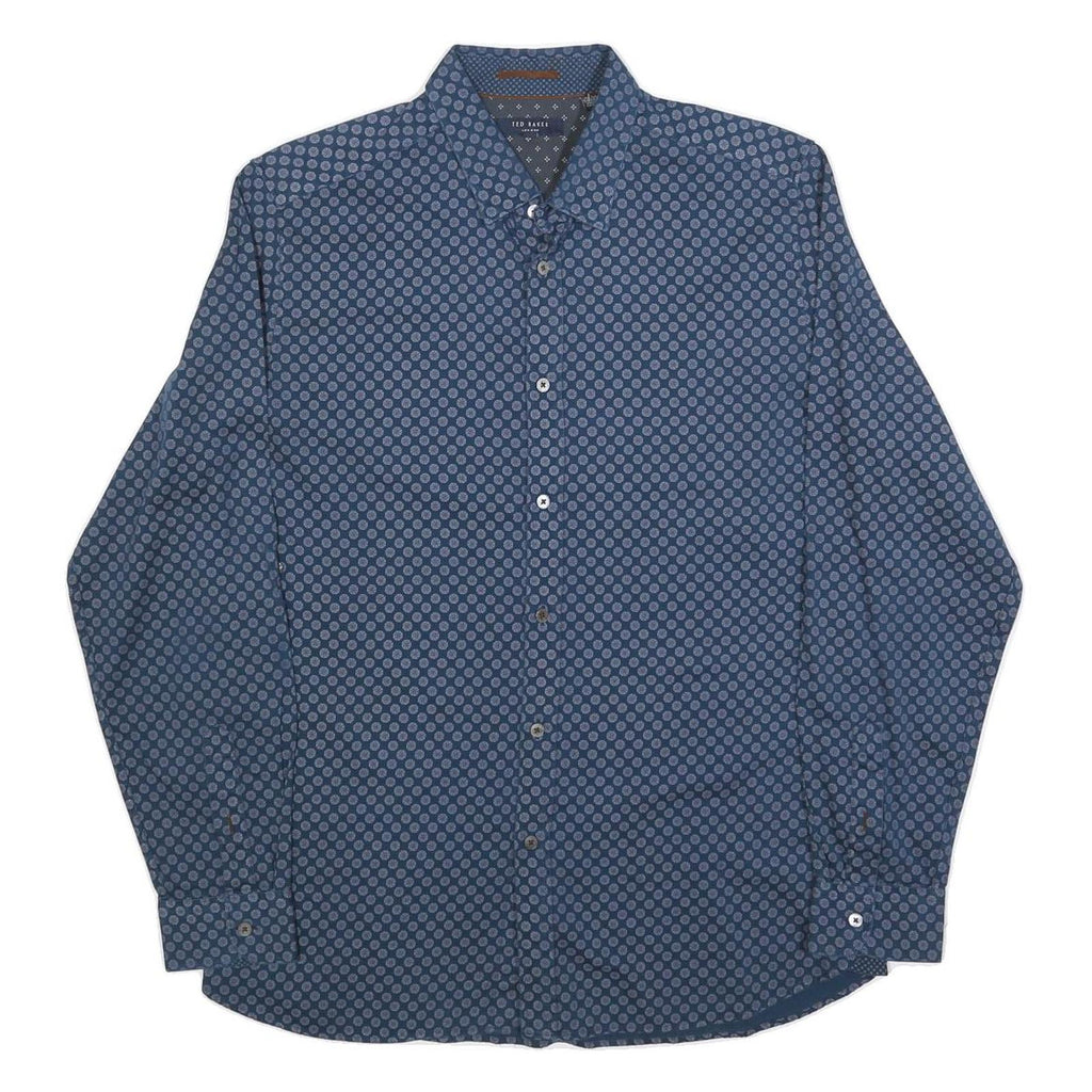 TED BAKER Mens Blue & Grey Printed Cotton Blend Shirt L Long Sleeve Casual