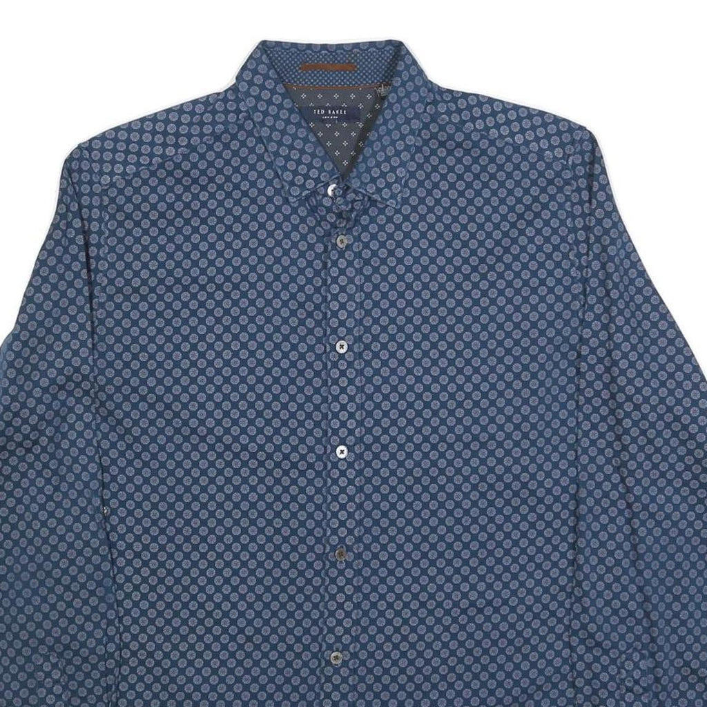 TED BAKER Mens Blue & Grey Printed Cotton Blend Shirt L Long Sleeve Casual