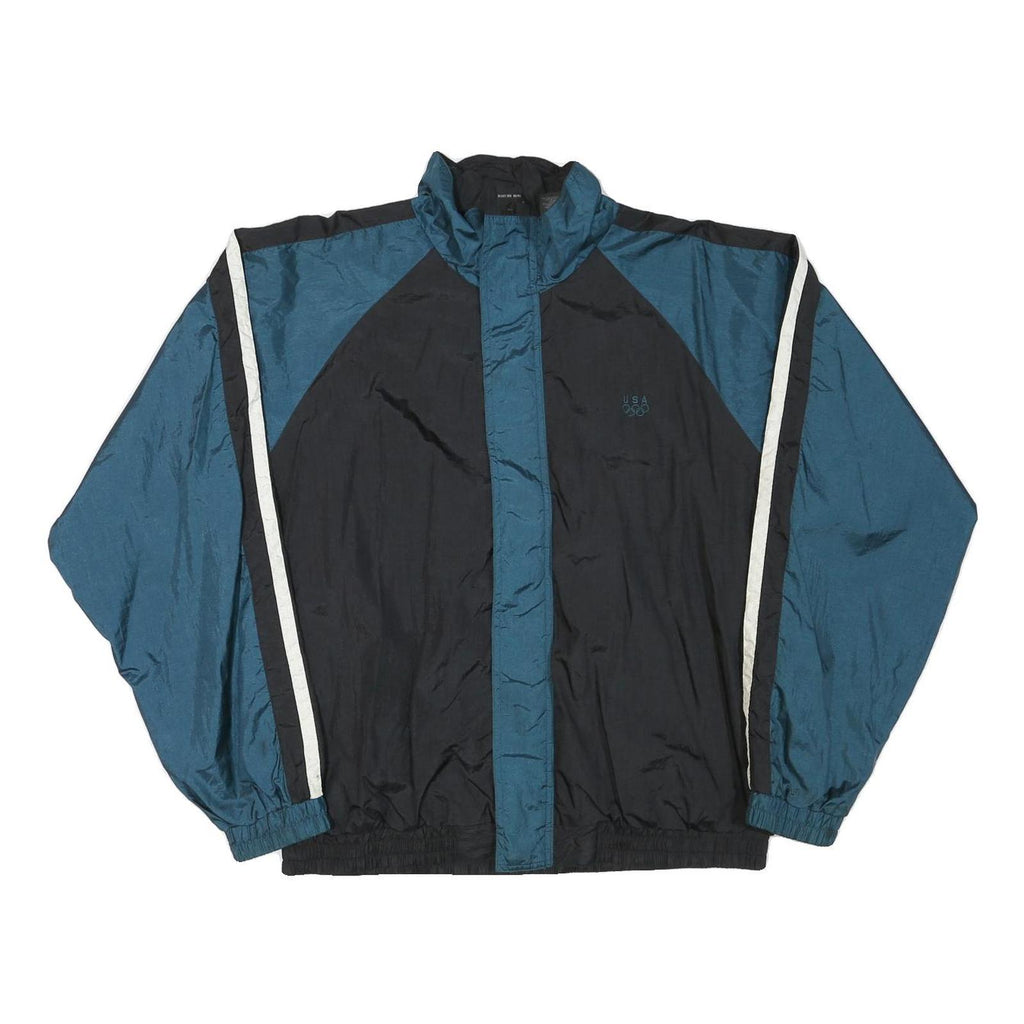 JC PENNEY Mens Blue & Black Zip Jacket L Polyester Blend Plain USA Olympic Logo