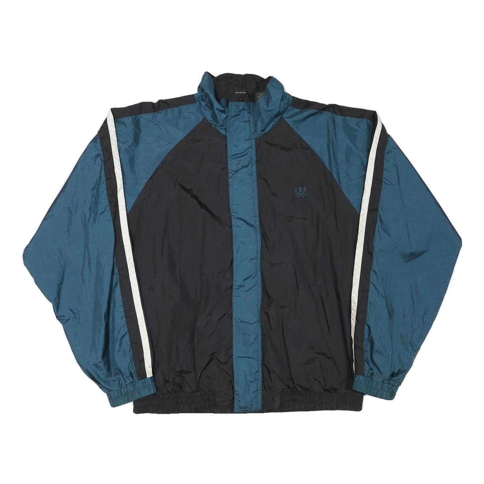 JC PENNEY Mens Blue & Black Zip Jacket L Polyester Blend Plain USA Olympic Logo