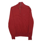 TOMMY HILFIGER Mens Red Plain Jumper 1/4 Zip Crew Neck Cotton M Casual Knitwear