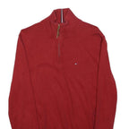 TOMMY HILFIGER Mens Red Plain Jumper 1/4 Zip Crew Neck Cotton M Casual Knitwear