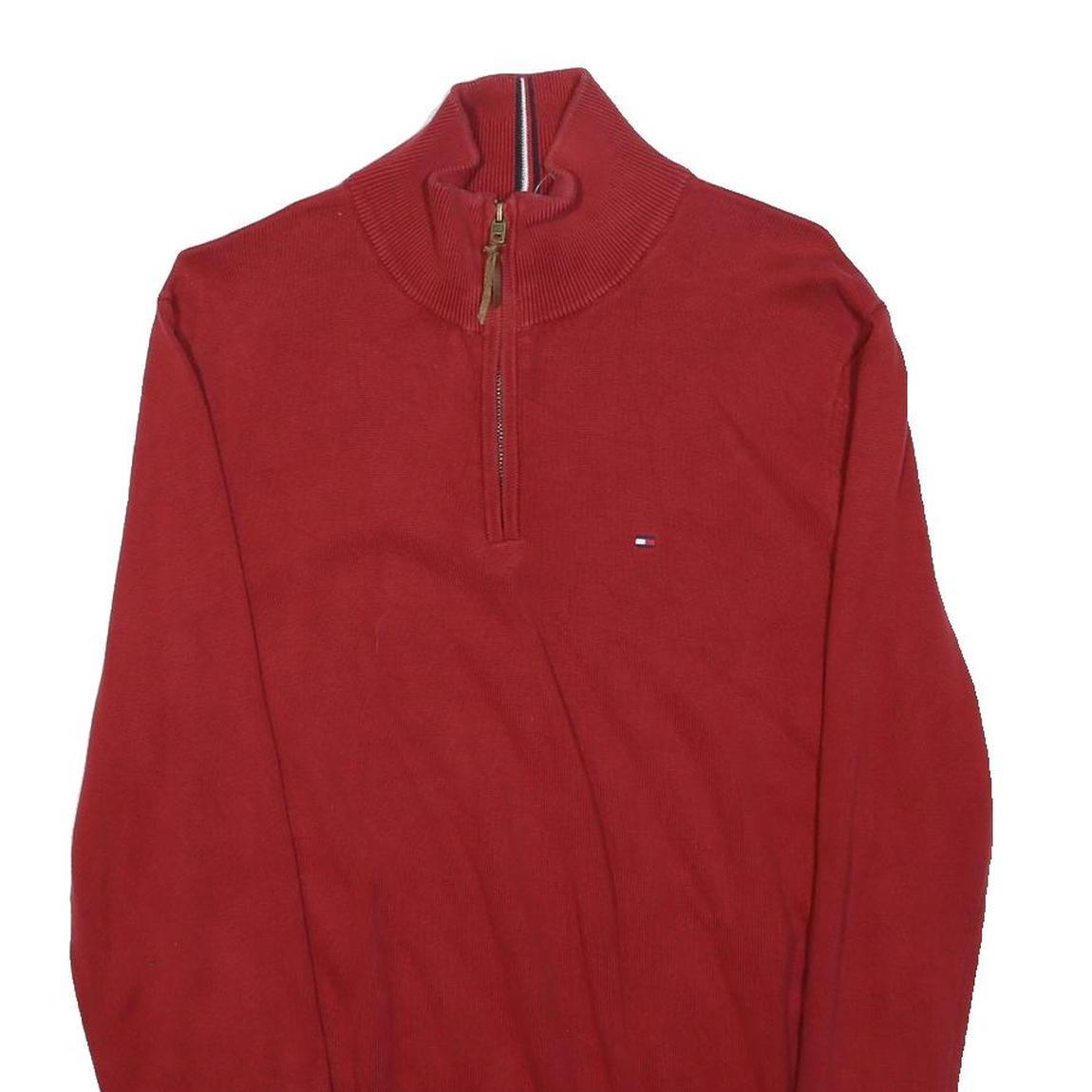 TOMMY HILFIGER Mens Red Plain Jumper 1/4 Zip Crew Neck Cotton M Casual Knitwear