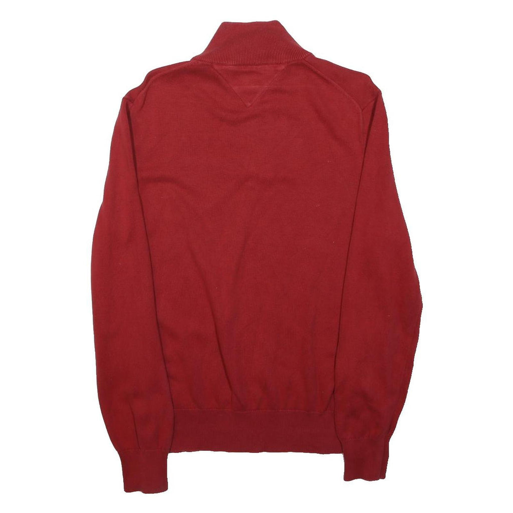 TOMMY HILFIGER Mens Red Plain Jumper 1/4 Zip Crew Neck Cotton M Casual Knitwear