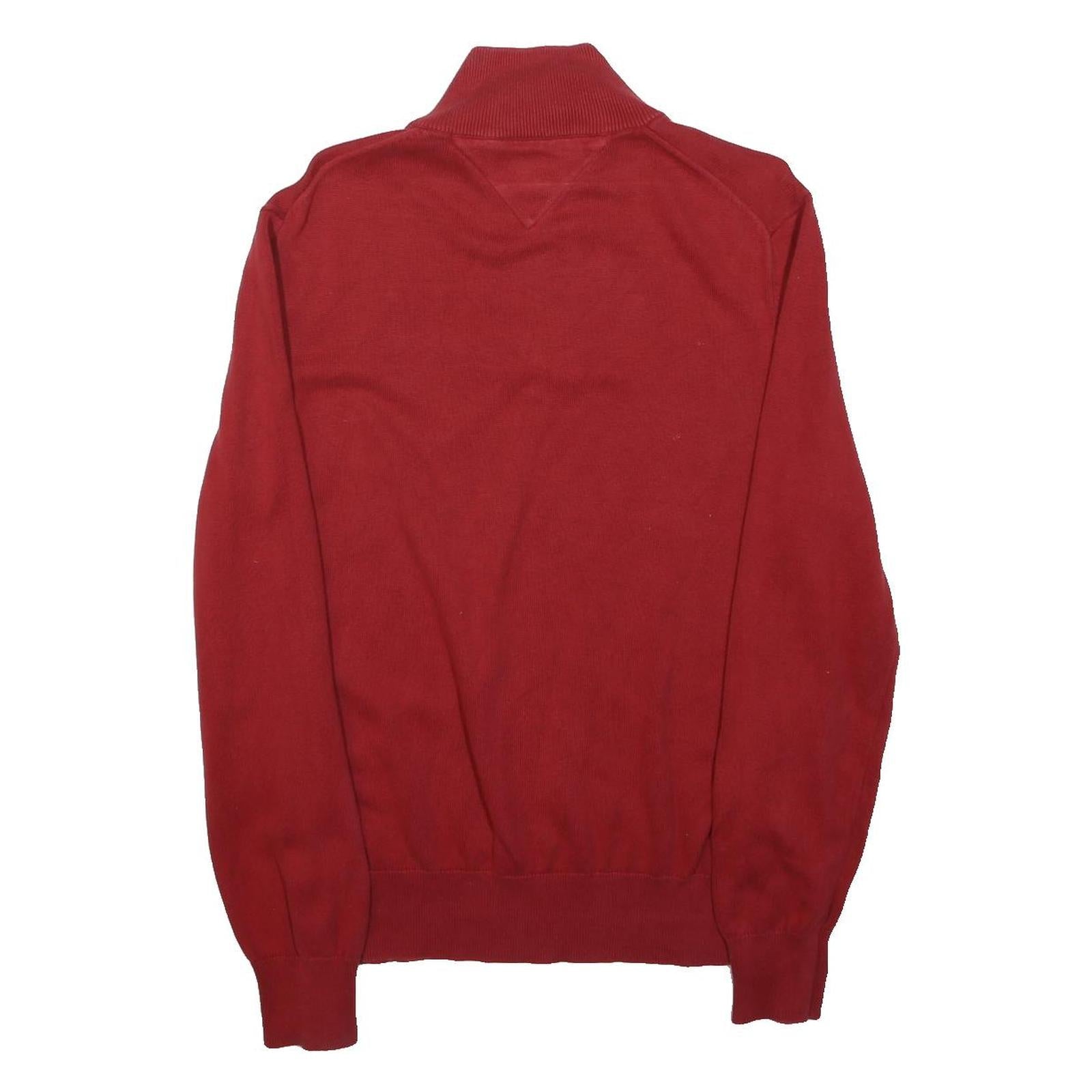 TOMMY HILFIGER Mens Red Plain Jumper 1/4 Zip Crew Neck Cotton M Casual Knitwear