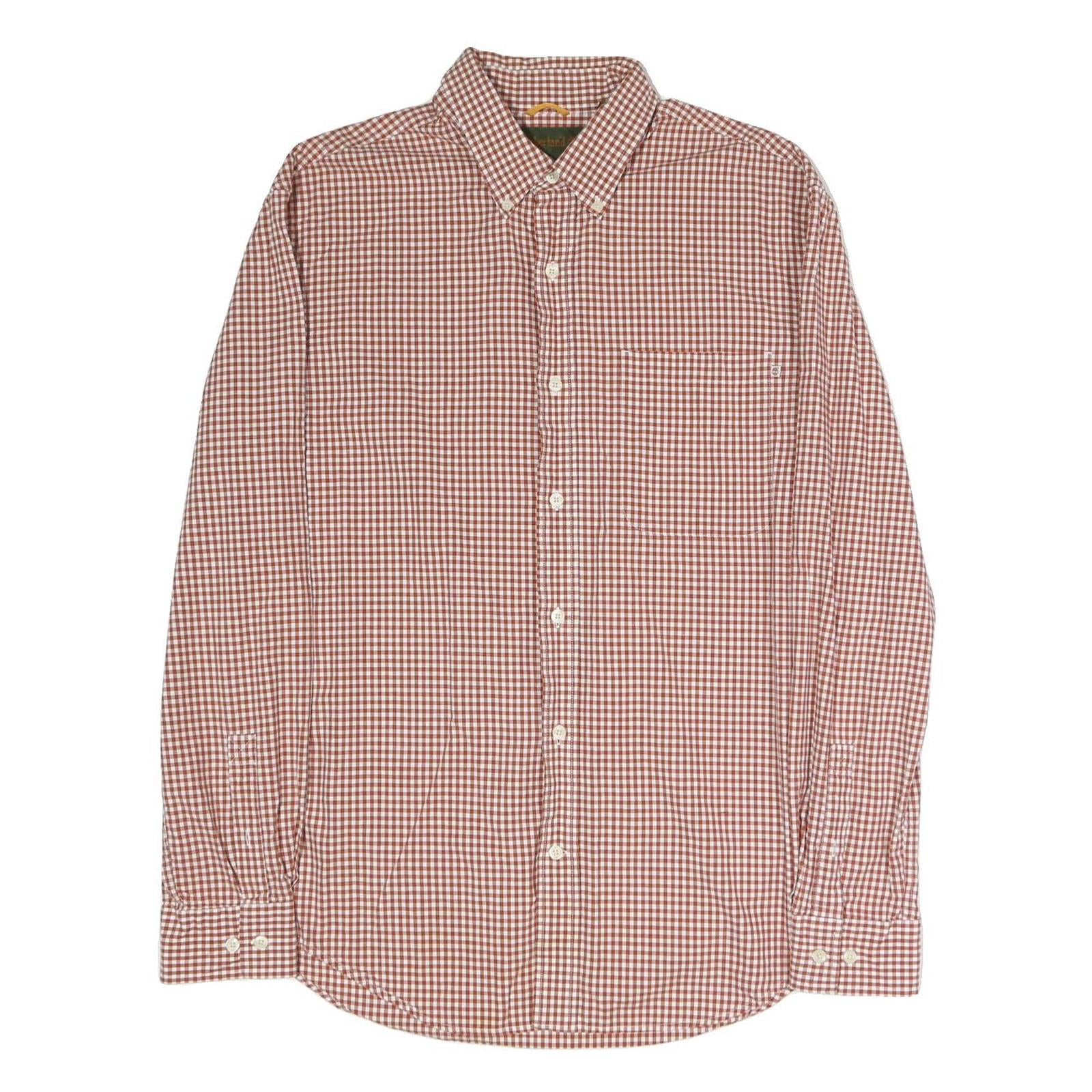 TIMBERLAND Mens Brown & White Checked Shirt L Cotton Blend Button-Down Pocket