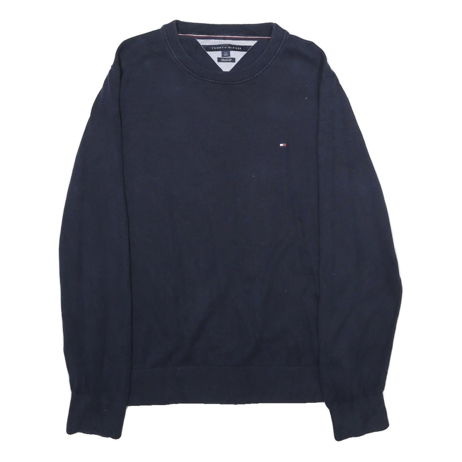 TOMMY HILFIGER Mens Navy Plain Cotton Crew Neck Basic Knit Jumper L