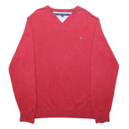 TOMMY HILFIGER Mens Red Plain V-Neck Basic Knit XL Cotton Jumper Pullover