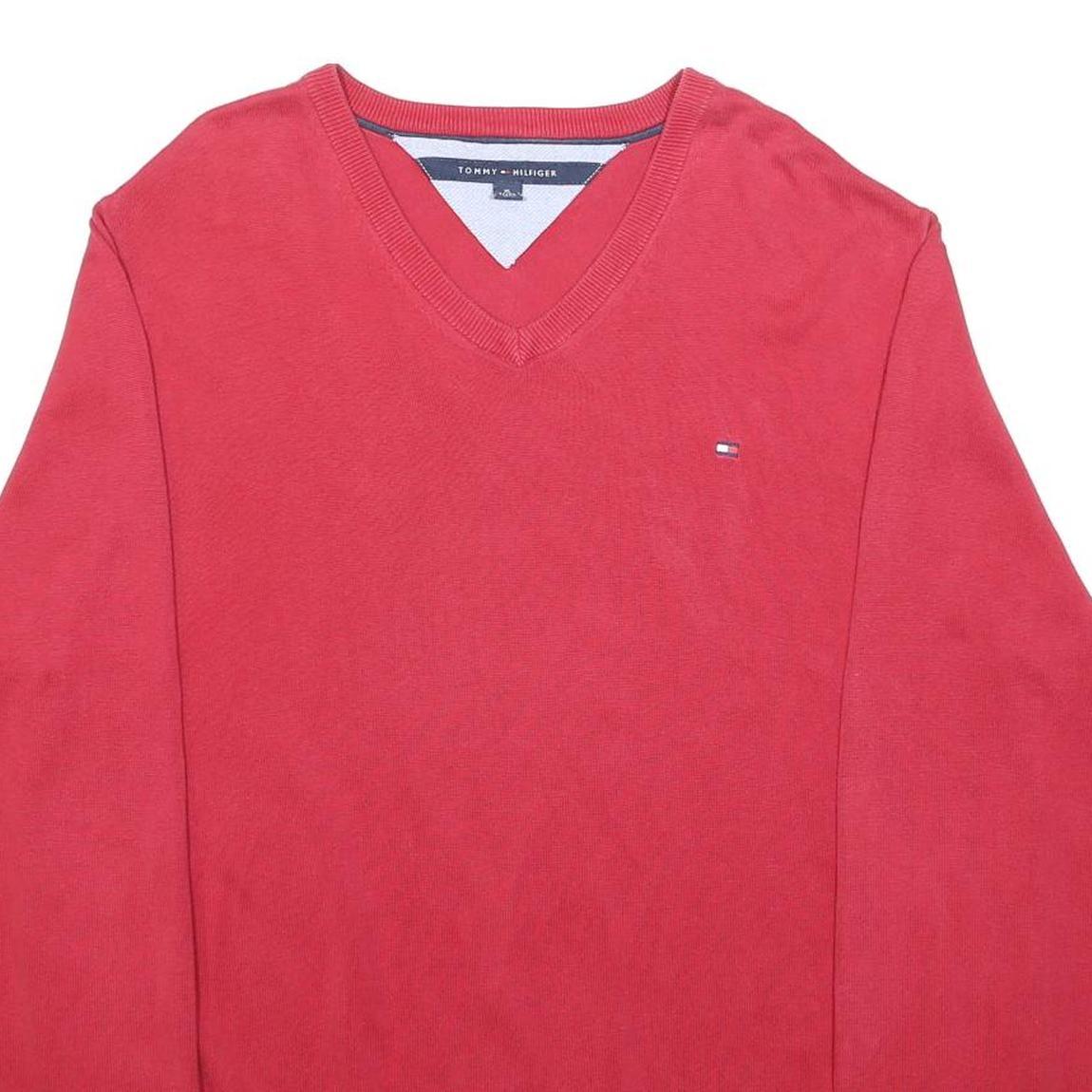 TOMMY HILFIGER Mens Red Plain V-Neck Basic Knit XL Cotton Jumper Pullover