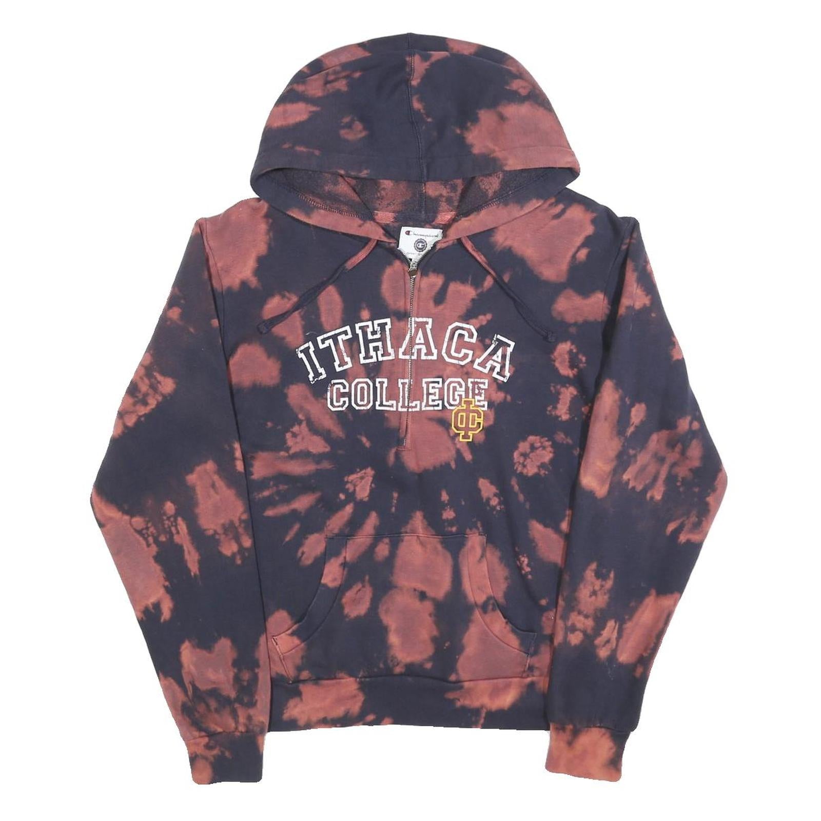 CHAMPION Womens Black & Brown Ithaca College Tie Dye ¼ Zip Hoodie L Cotton Blend