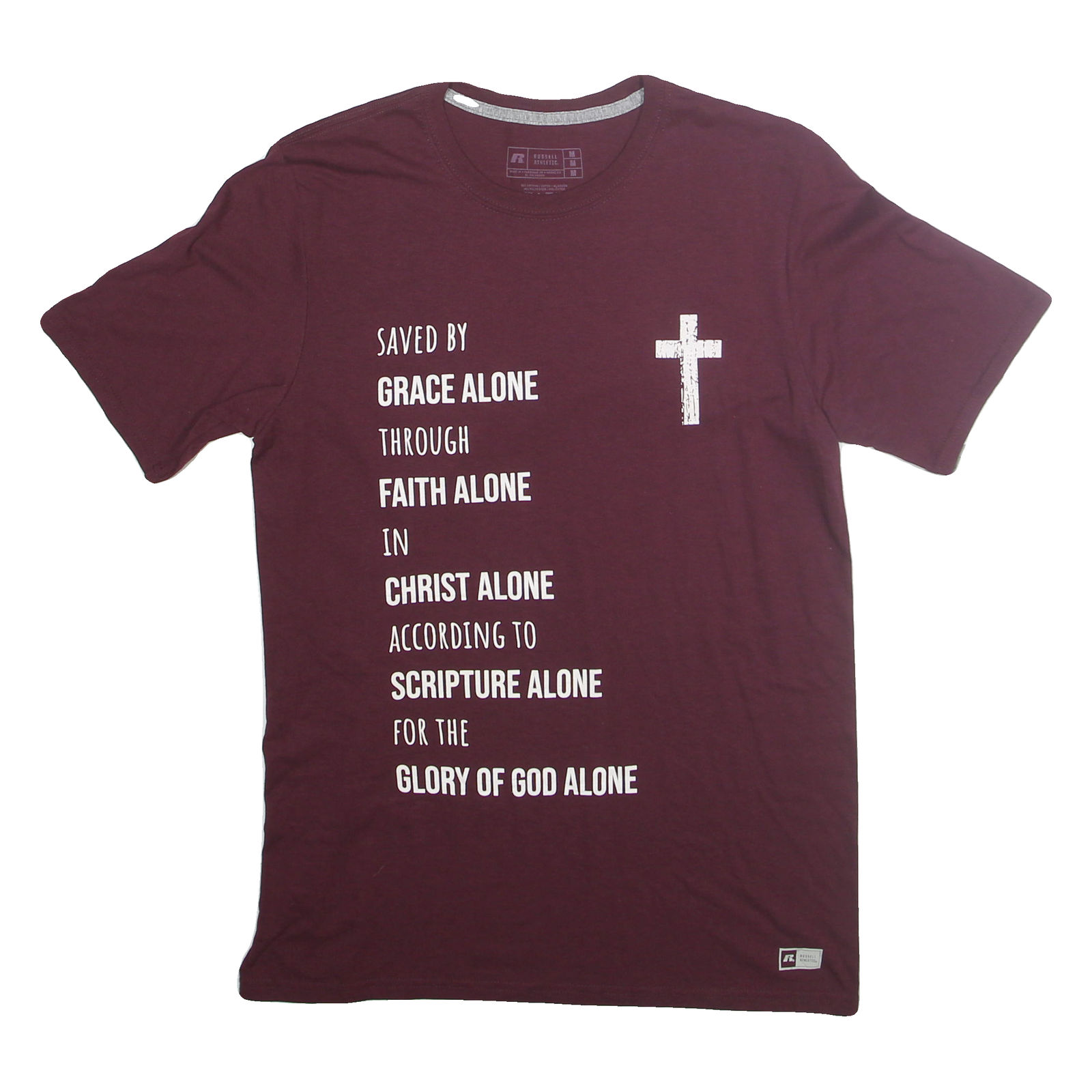 RUSSELL ATHLETIC Mens Maroon Graphic T-Shirt M Short Sleeve Crew Neck Religious