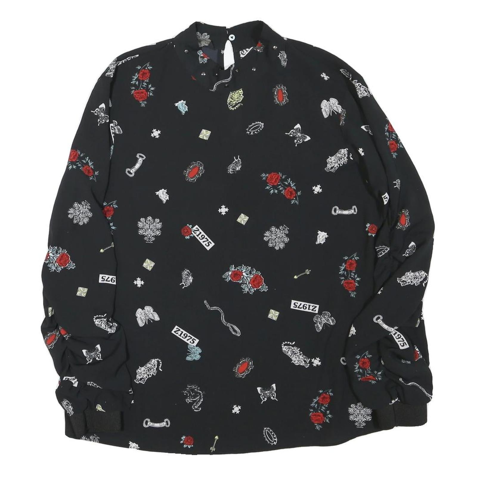 ZARA Womens Black Printed Long Sleeve Round Neck Top M Stylish Comfortable