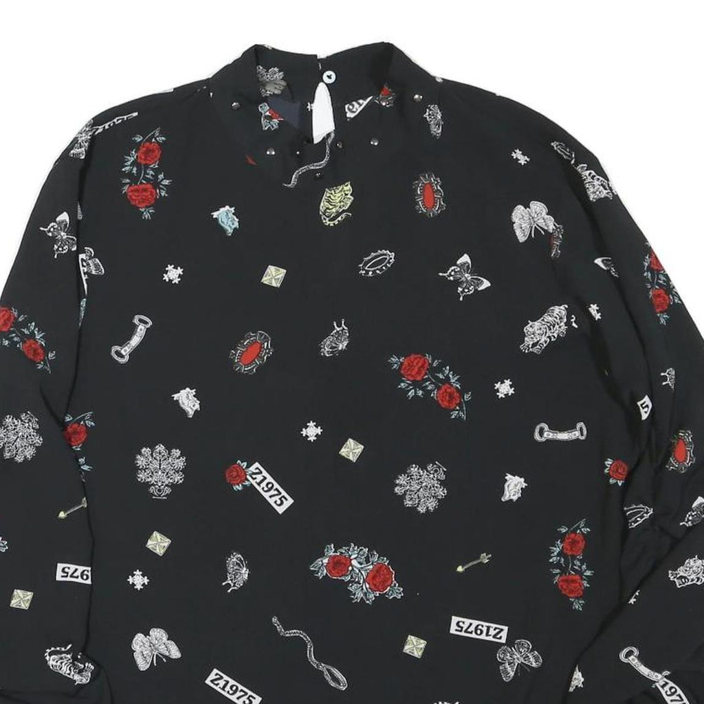 ZARA Womens Black Printed Long Sleeve Round Neck Top M Stylish Comfortable