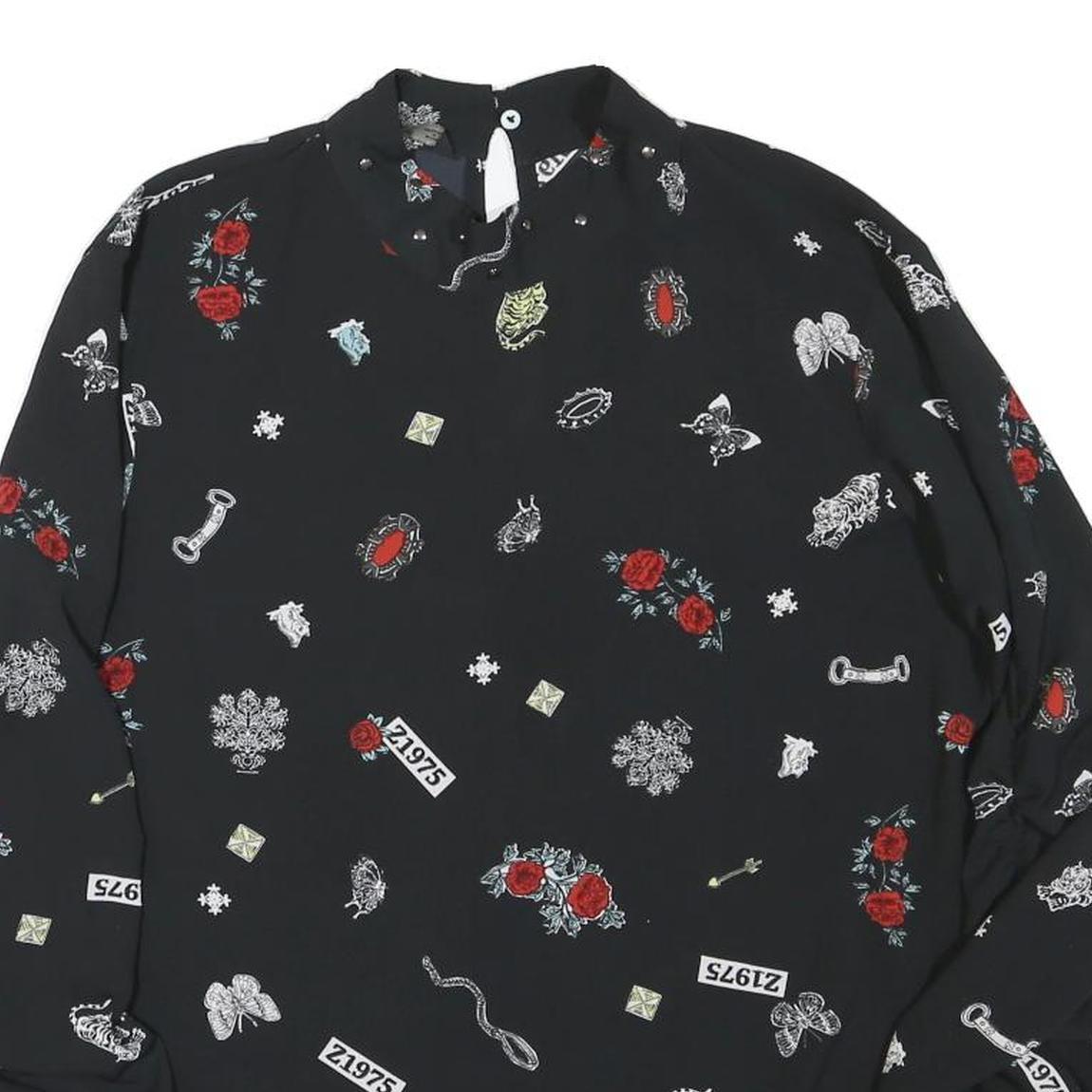 ZARA Womens Black Printed Long Sleeve Round Neck Top M Stylish Comfortable