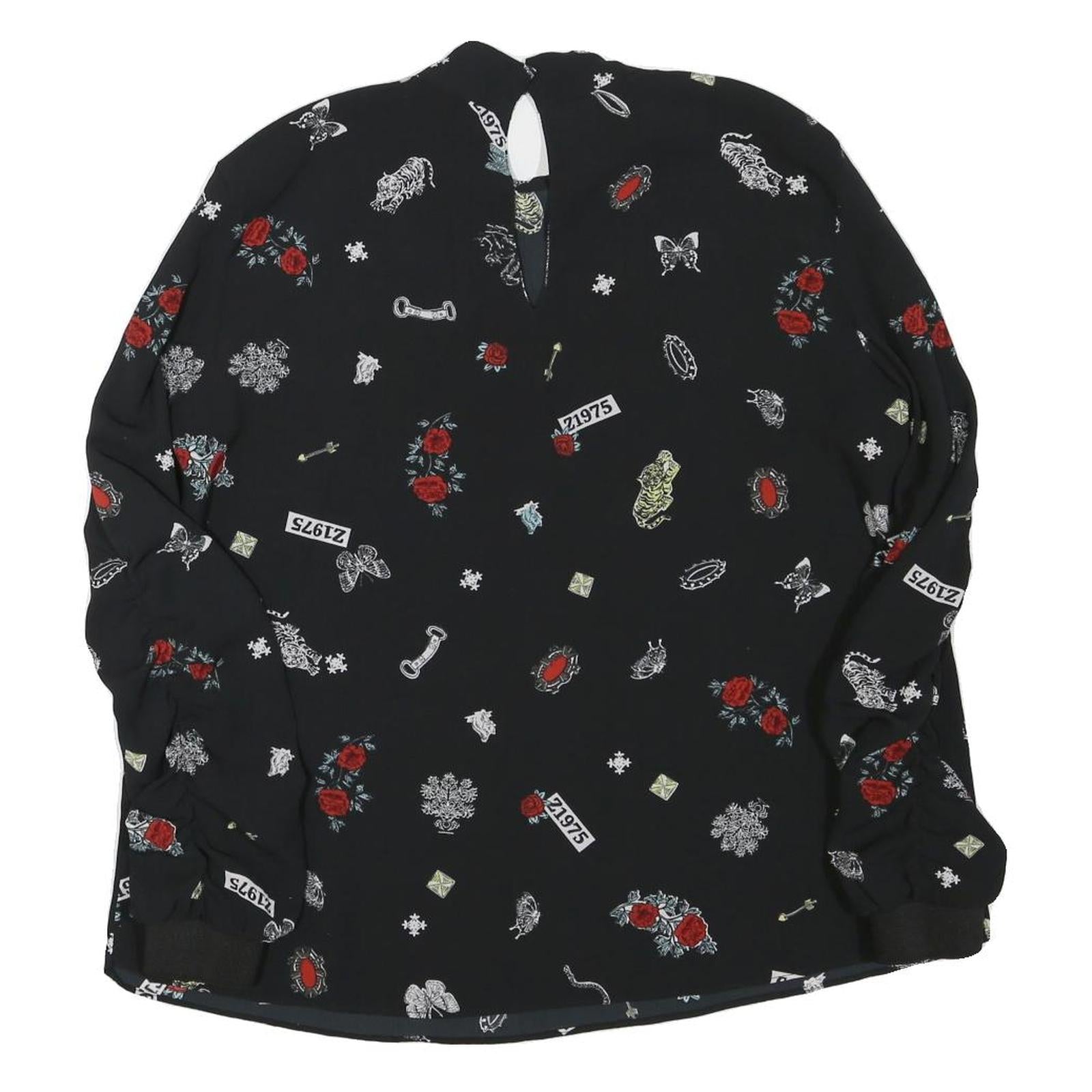 ZARA Womens Black Printed Long Sleeve Round Neck Top M Stylish Comfortable