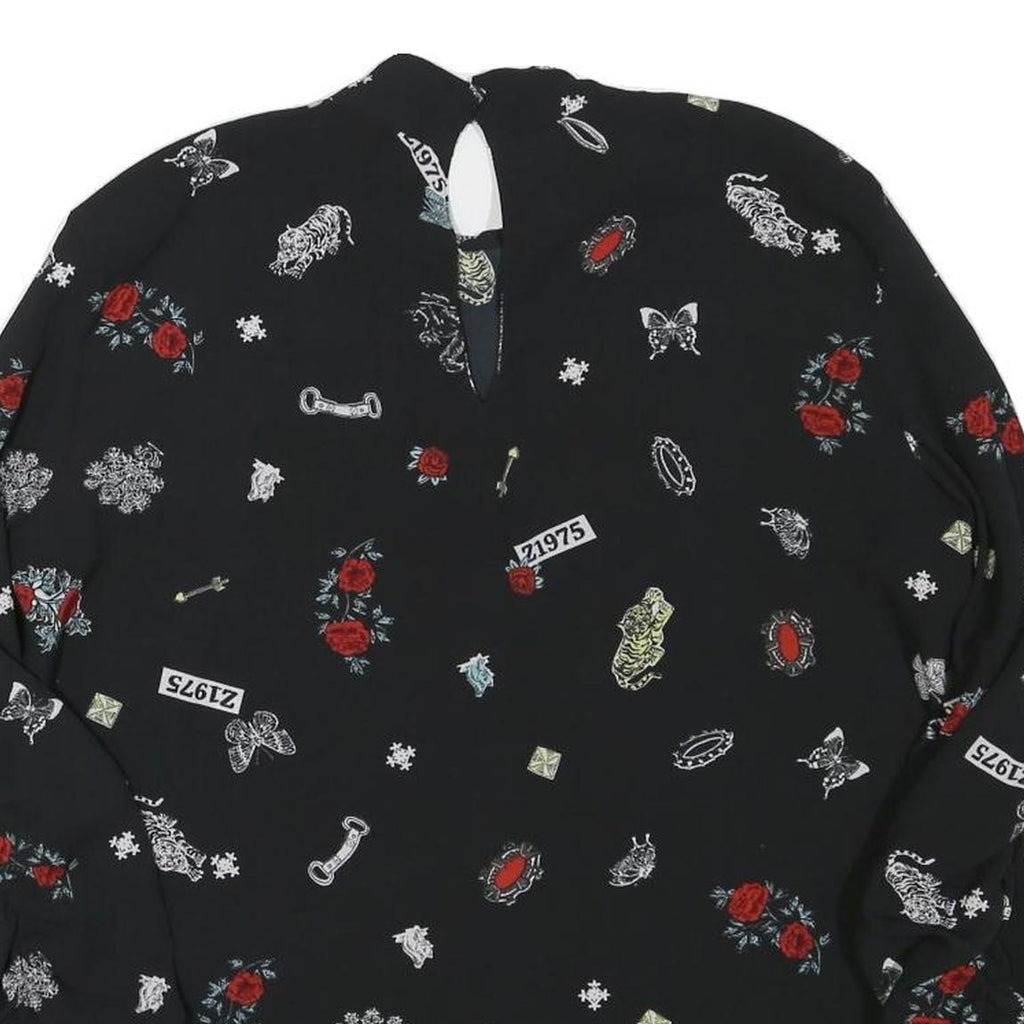 ZARA Womens Black Printed Long Sleeve Round Neck Top M Stylish Comfortable