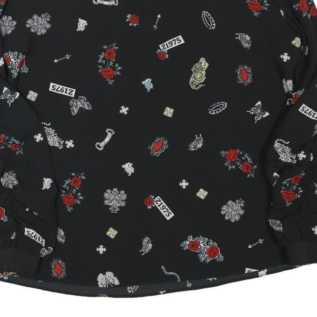 ZARA Womens Black Printed Long Sleeve Round Neck Top M Stylish Comfortable