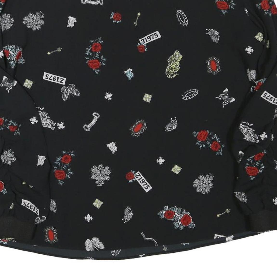 ZARA Womens Black Printed Long Sleeve Round Neck Top M Stylish Comfortable