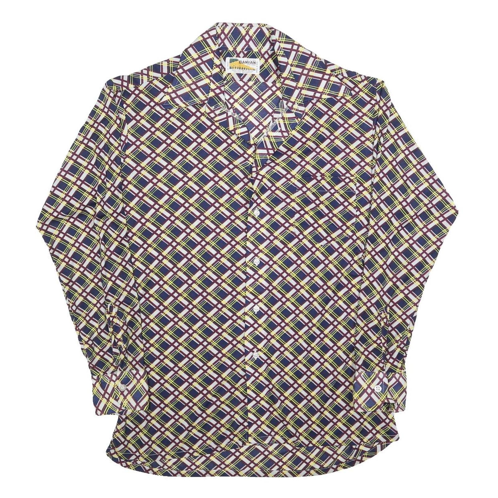 BANYAN Mens Blue Maroon & Yellow Checked Shirt L Classic Nylon Long Sleeve