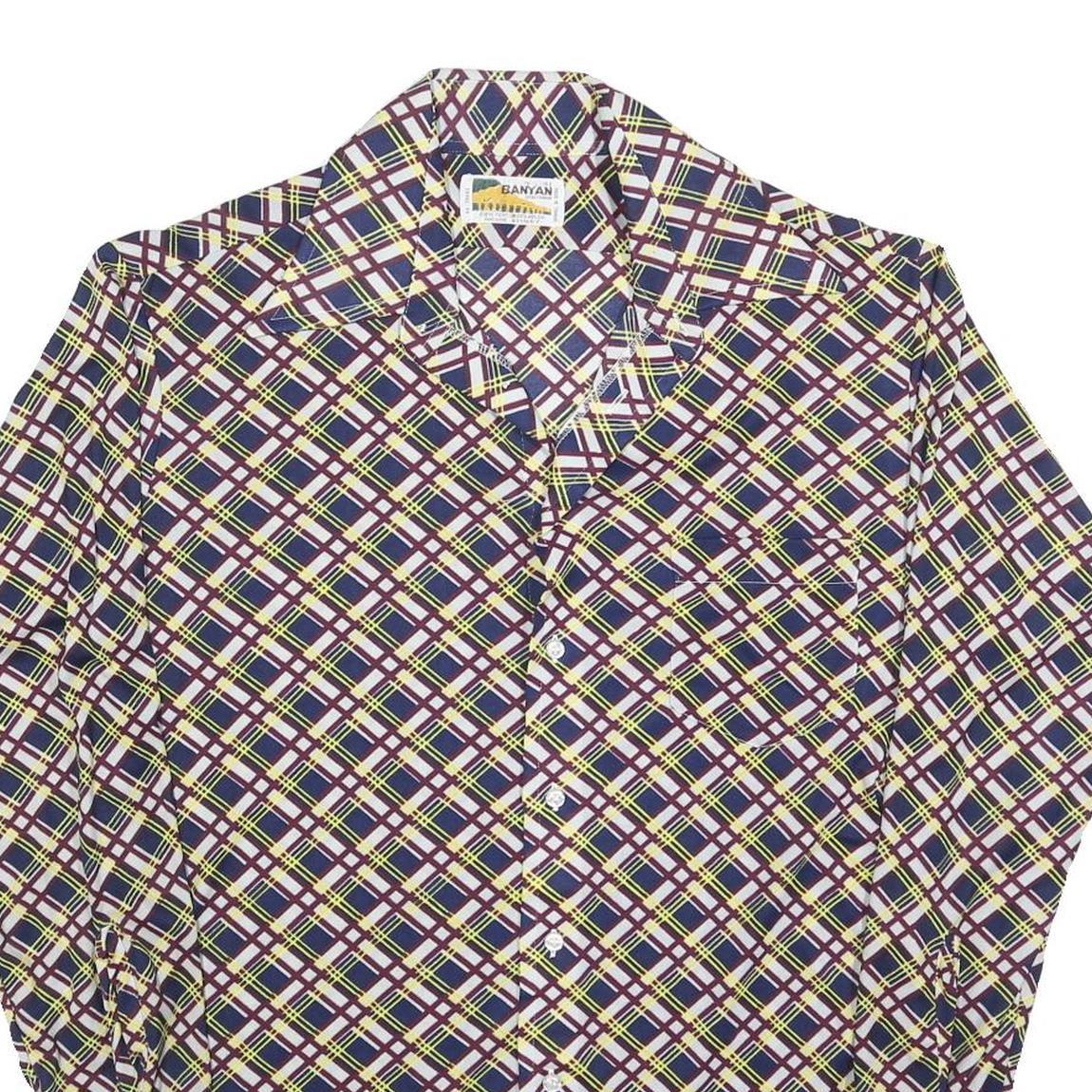 BANYAN Mens Blue Maroon & Yellow Checked Shirt L Classic Nylon Long Sleeve