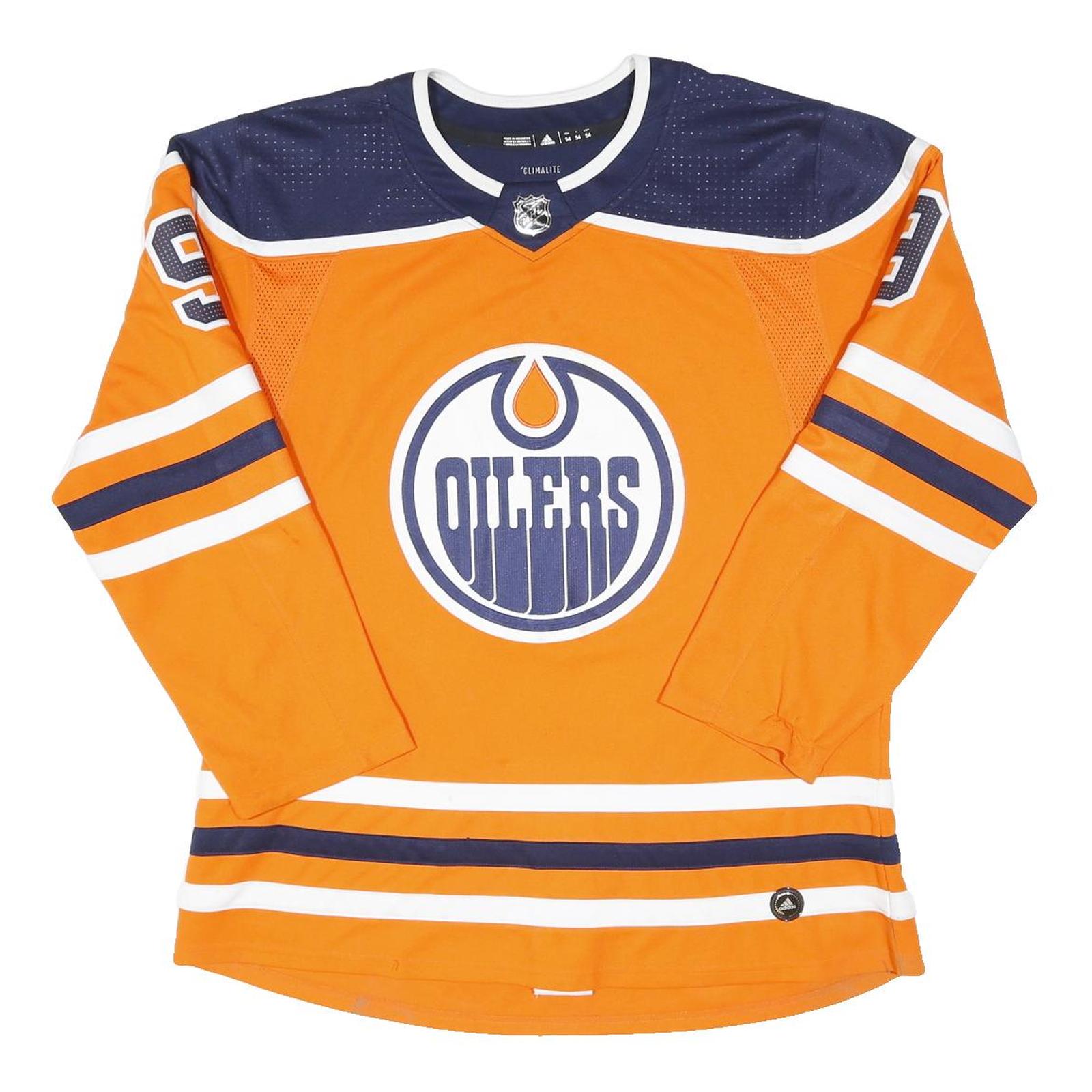 ADIDAS Mens Orange & Navy Graphic T-Shirt 2XL Long Sleeve Crew Neck NHL Oilers