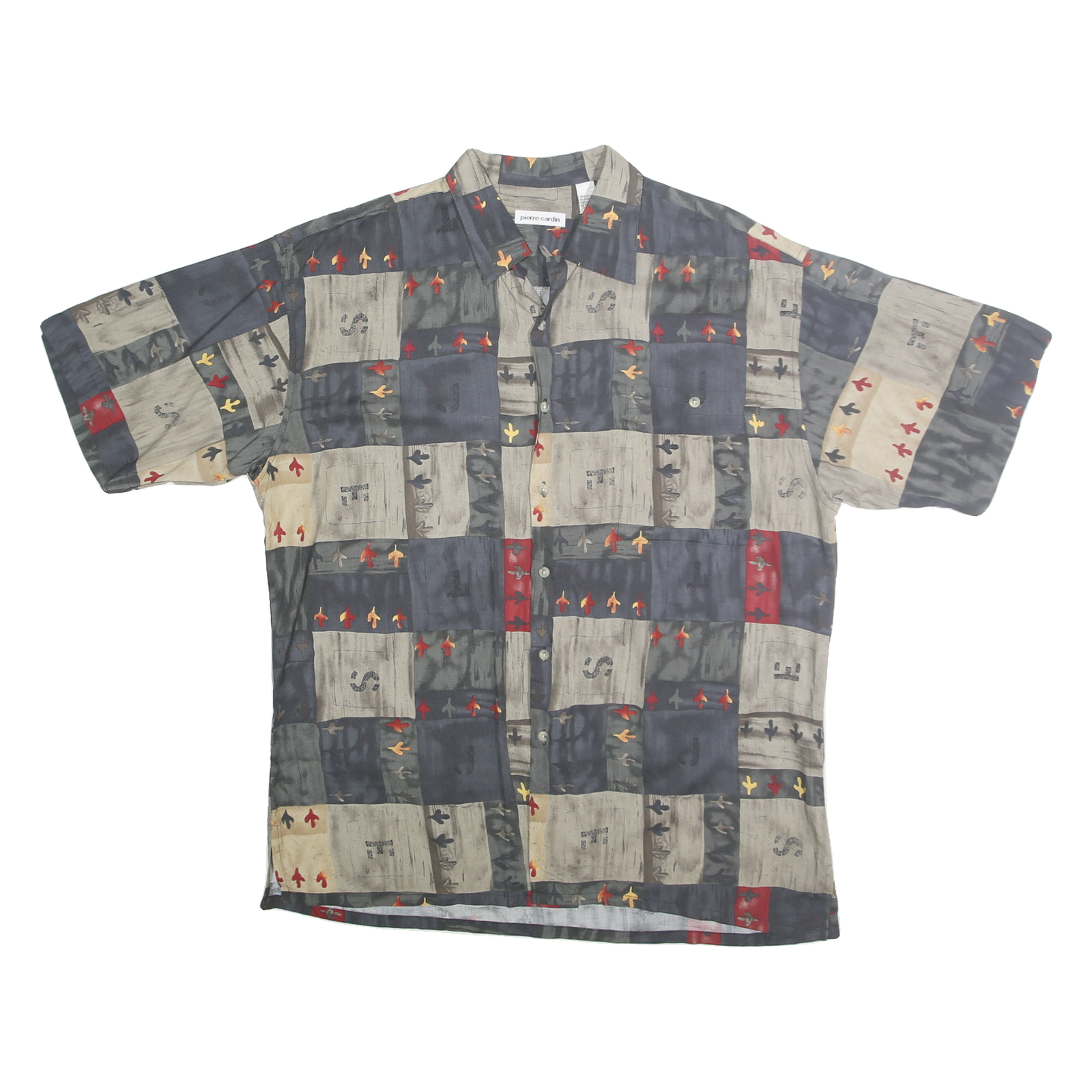 PIERRE CARDIN Mens Grey & Beige Rayon Shirt L Short Sleeve Button Casual Summer
