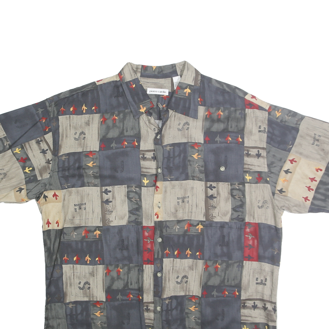 PIERRE CARDIN Mens Grey & Beige Rayon Shirt L Short Sleeve Button Casual Summer