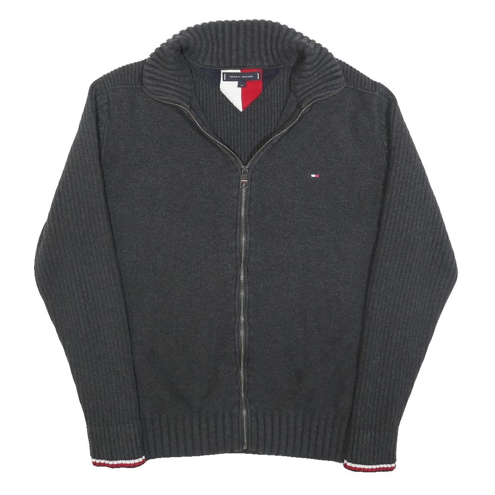 TOMMY HILFIGER Womens Grey Coogie Style Jumper Zip Collar Chunky Knit XL