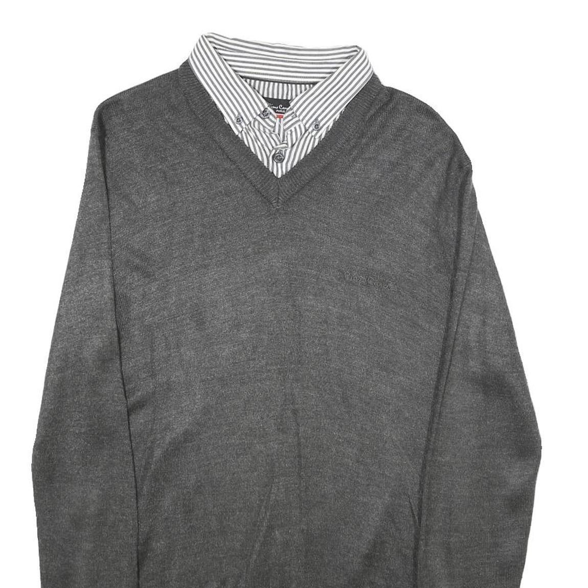 PIERRE CARDIN Mens Grey Plain V-Neck Basic Knit Jumper S Acrylic Casual Smart