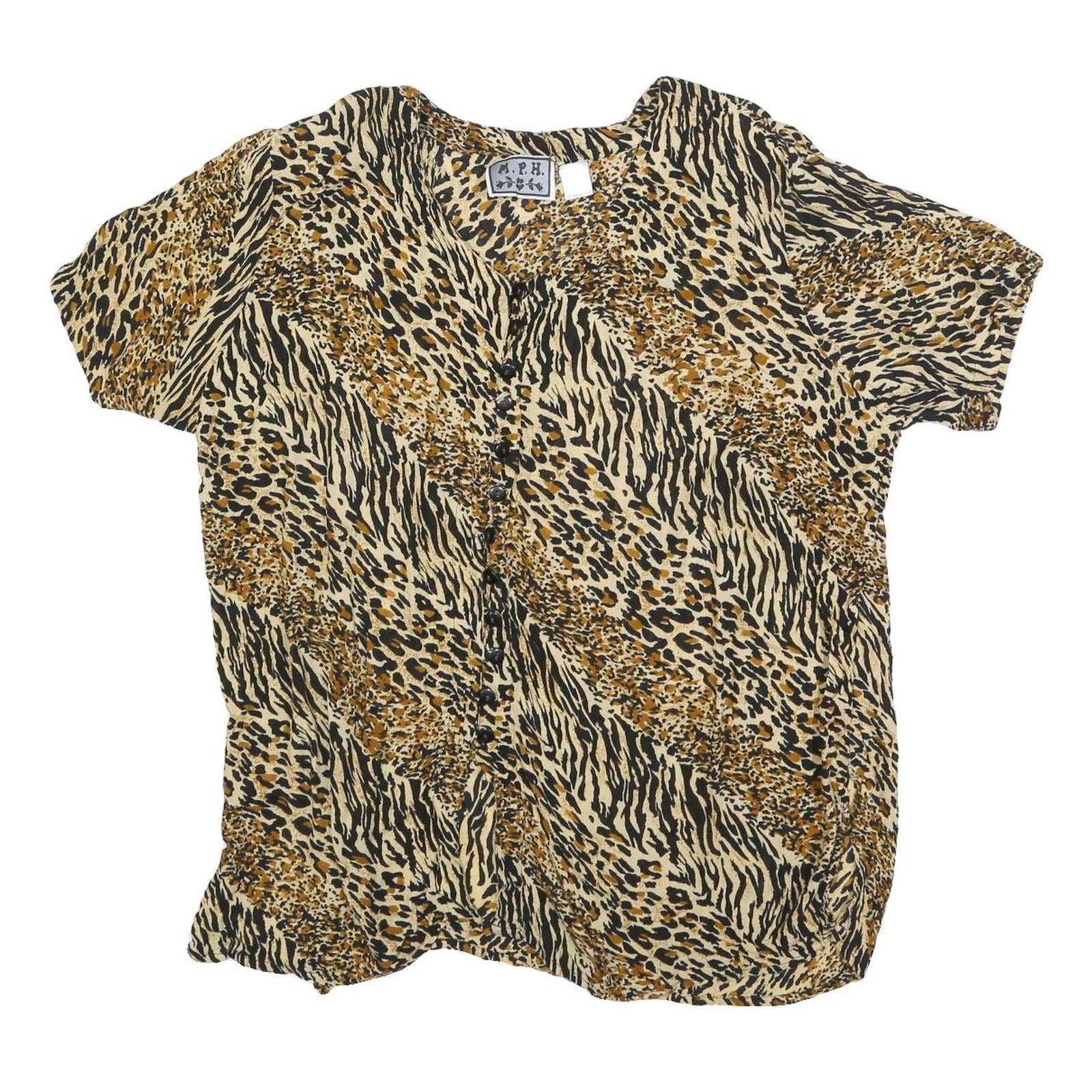 MPH Womens Beige & Black Printed Top Short Sleeve Round Neck XL Animal Print