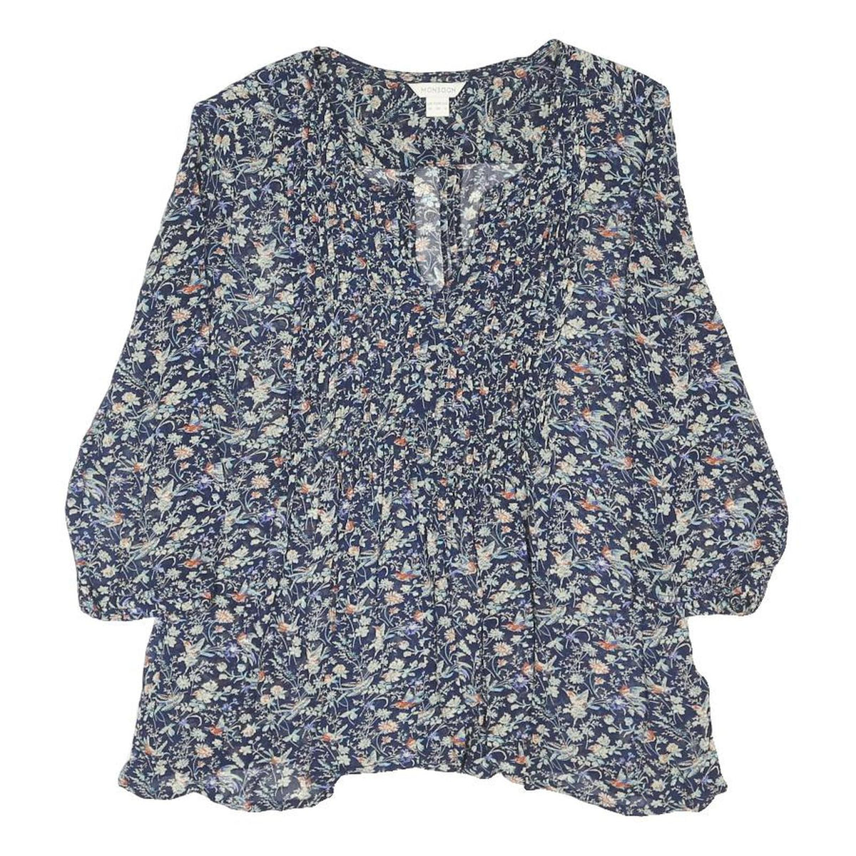 MONSOON Womens Blue Floral Print Blouse Long Sleeve V Neck UK 10