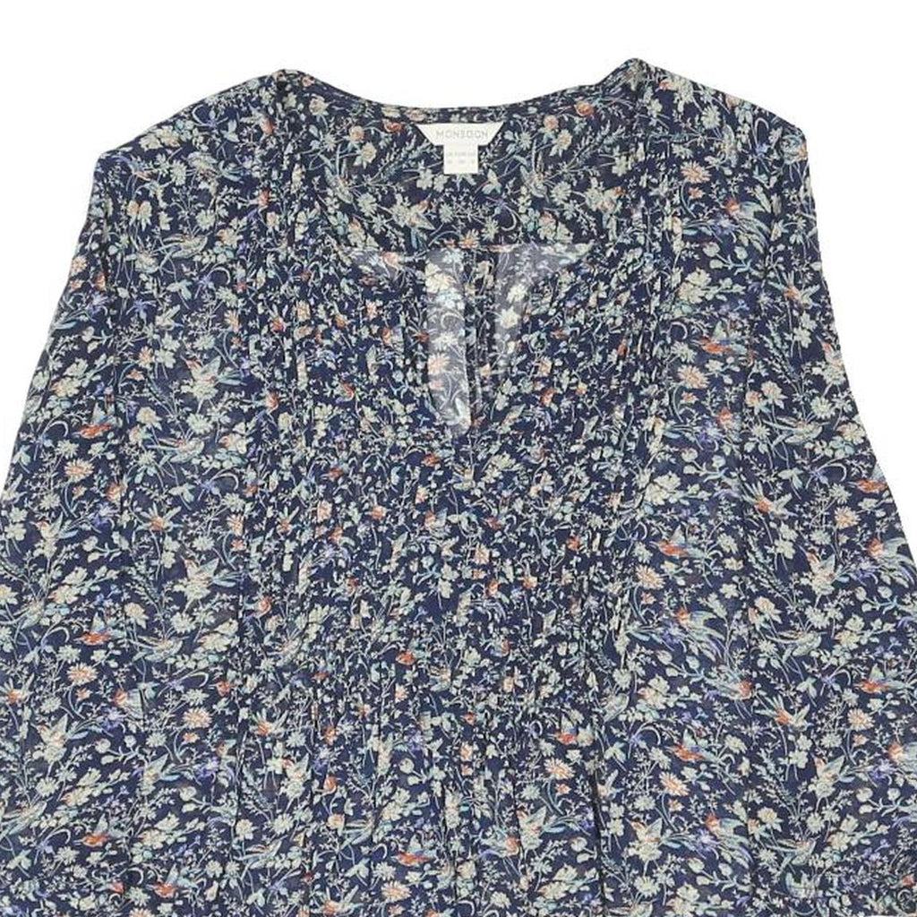 MONSOON Womens Blue Floral Print Blouse Long Sleeve V Neck UK 10