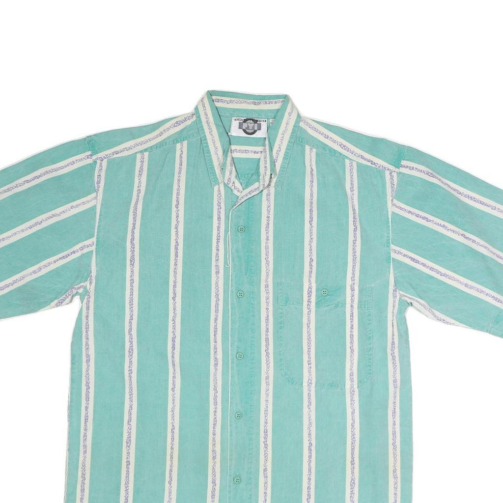 FYI Mens Green & White Striped Casual Shirt L Cotton Button Pocket