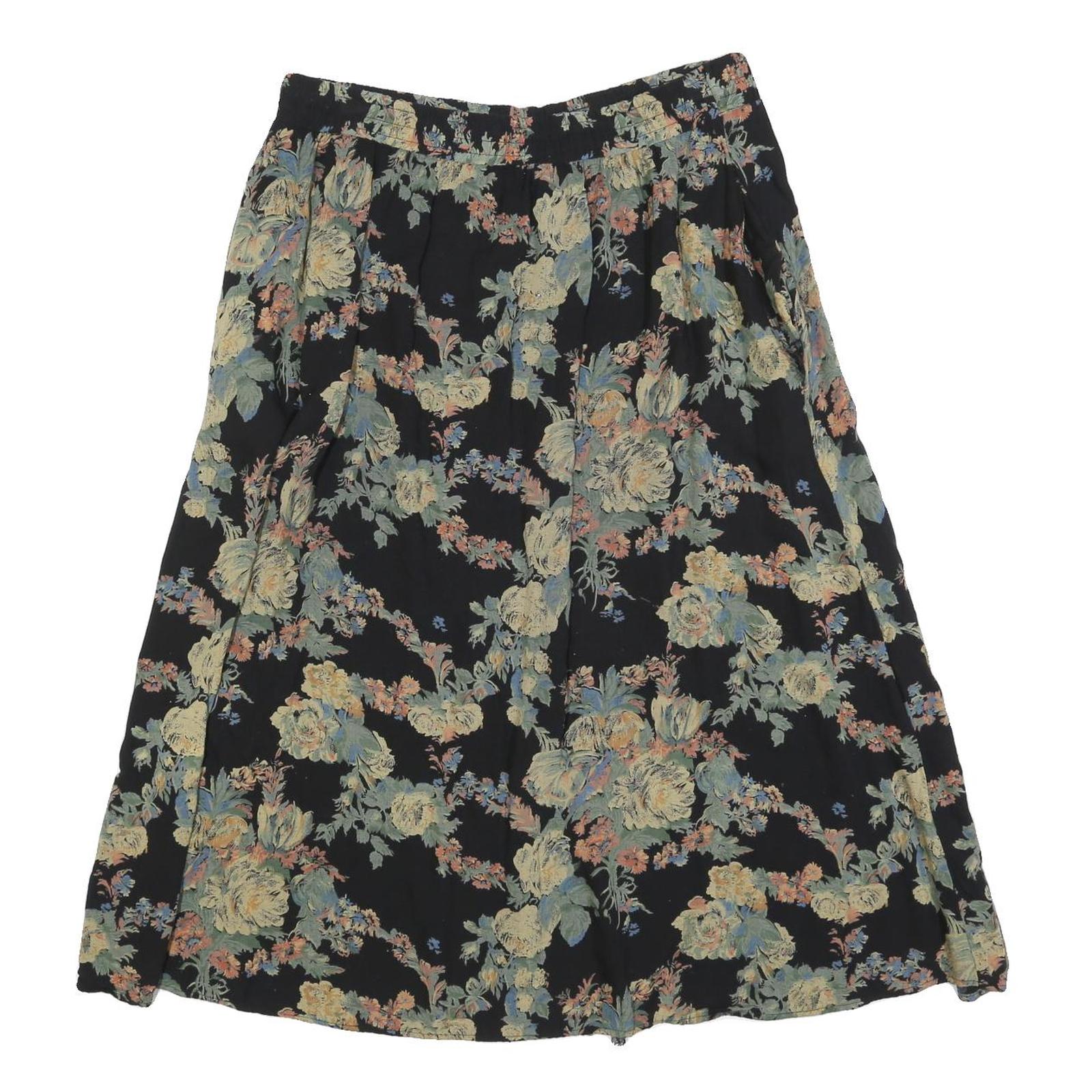 MAGGIE LAWRENCE Womens Black Floral Cotton Blend Midi Skater Skirt L Elegant