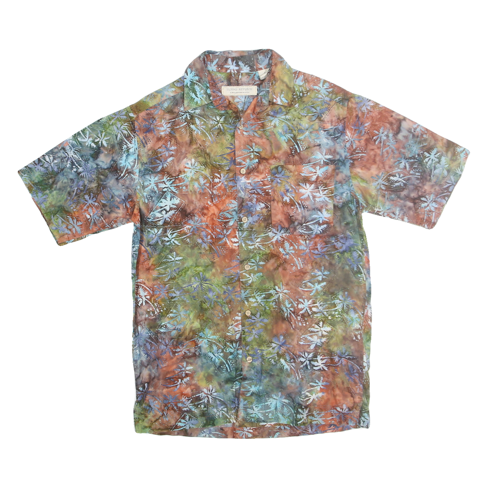 ISLAND REPUBLIC Mens Green & Brown Leaf Print Shirt S Cotton Short Sleeve Casual