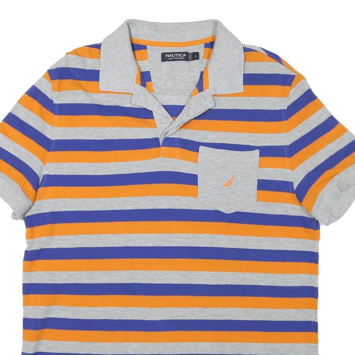 NAUTICA Mens Grey & Orange & Blue Striped Short Sleeve Polo Shirt L Cotton Blend