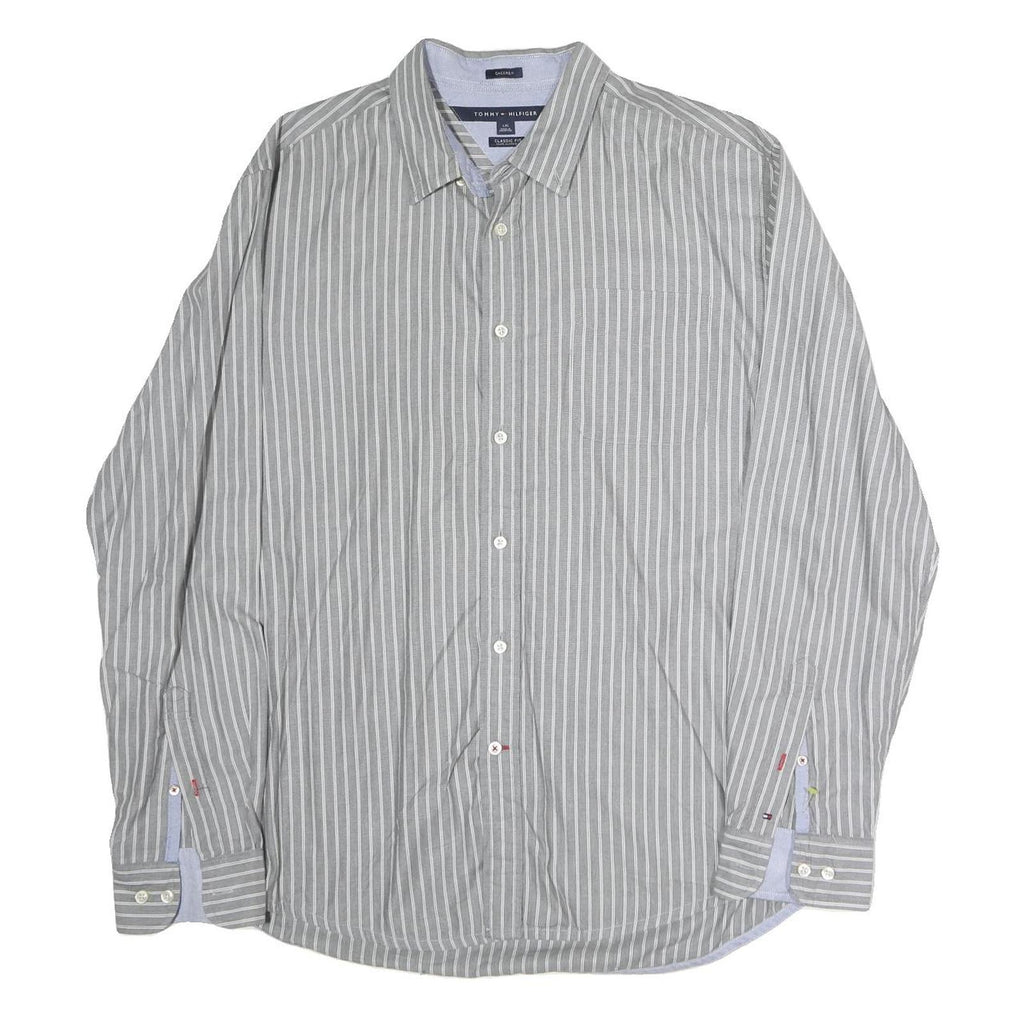 TOMMY HILFIGER Mens Grey & White Striped Shirt L Classic Fit Button Down Cotton