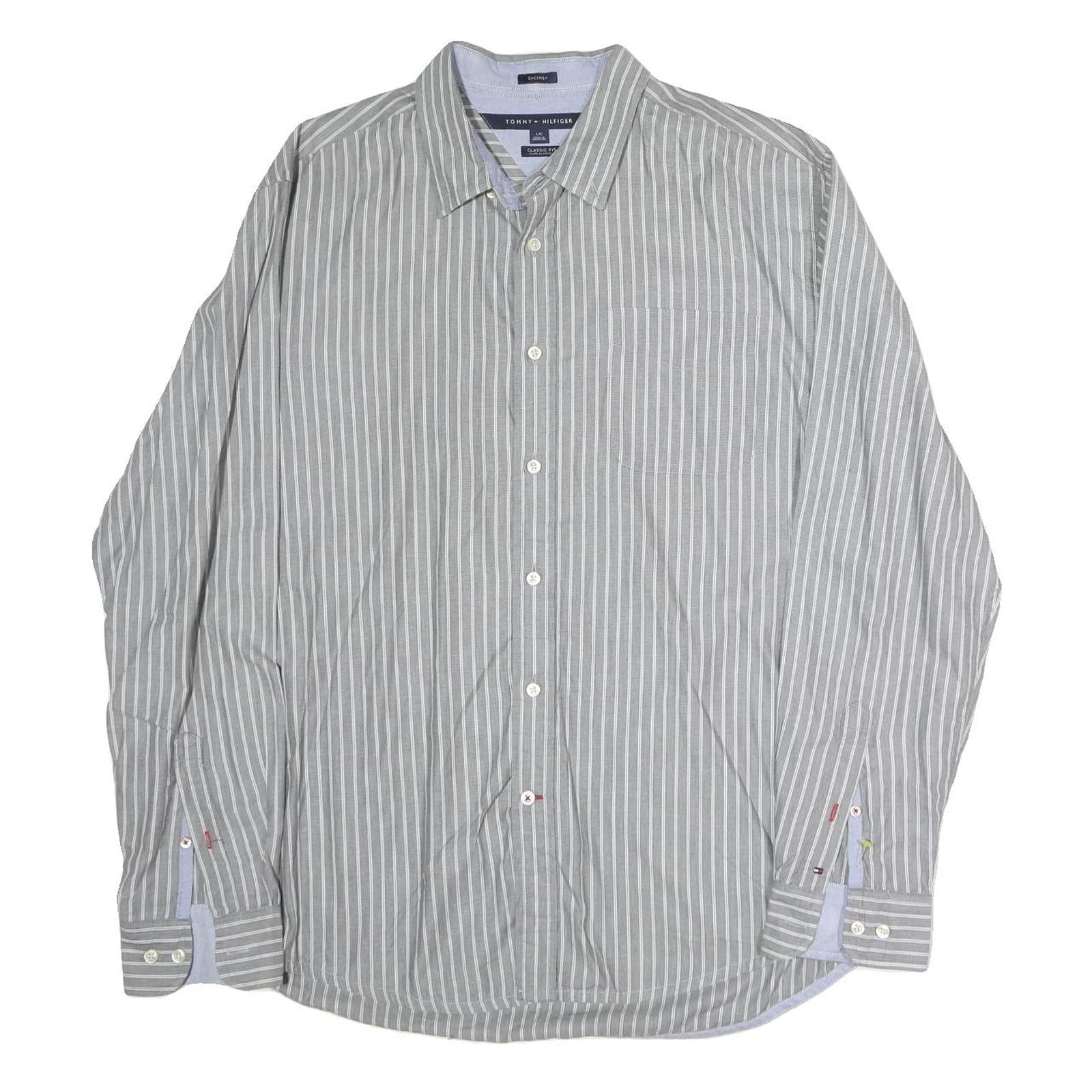 TOMMY HILFIGER Mens Grey & White Striped Shirt L Classic Fit Button Down Cotton
