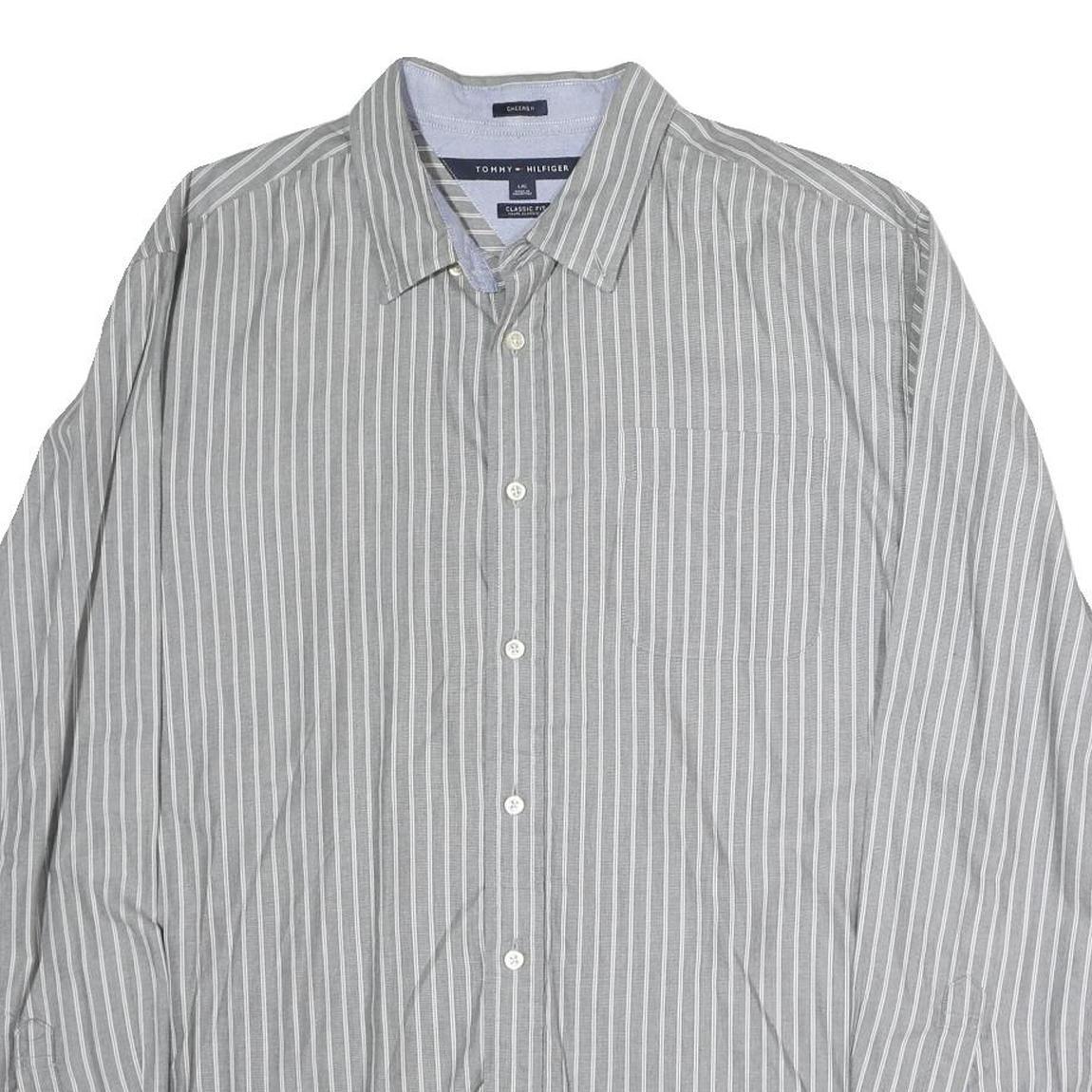 TOMMY HILFIGER Mens Grey & White Striped Shirt L Classic Fit Button Down Cotton